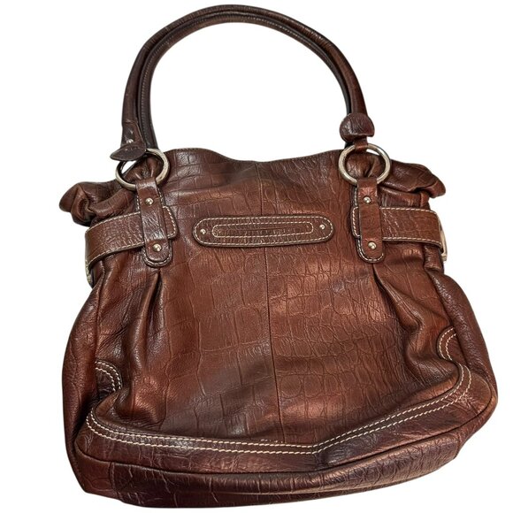 B. Makowsky Genuine Leather Boho Tote Bag Brown | Silver Hardware | Preowned - Picture 4 of 16